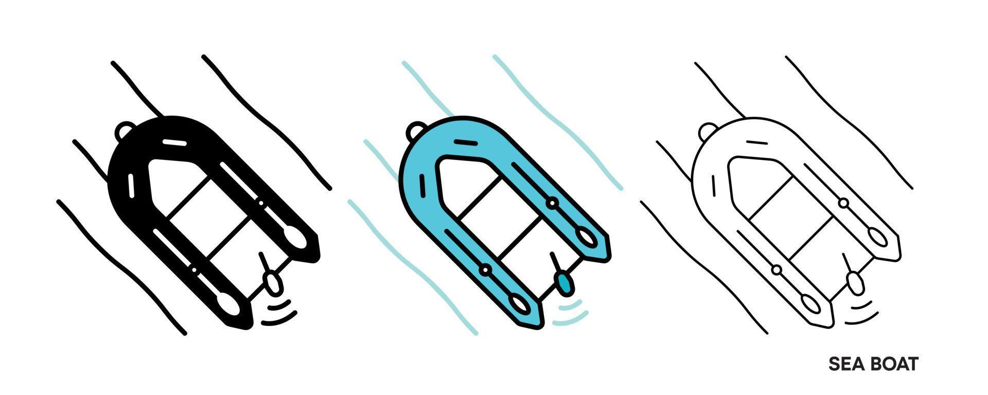 jeu d'icônes pour bateau pneumatique au milieu de la mer. ce symbole est le symbole du bateau se déplaçant sur la mer. ligne modifiable et jeu d'icônes colorées. club de pêche ou icône de vecteur créatif de boutique en ligne