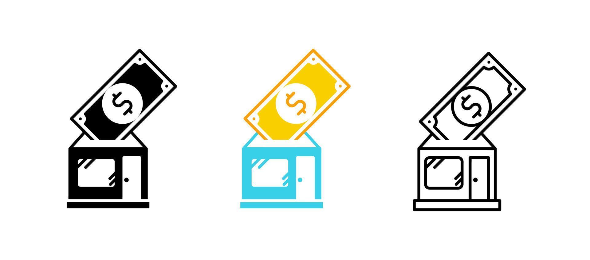 jeu d'icônes de magasin d'argent-banque. papier-monnaie et ligne de magasin. vecteur d'icône de magasin. ensemble de lignes modifiable. silhouette, jeu d'icônes colorées et linéaires. logo-web, élément de conception d'icône.