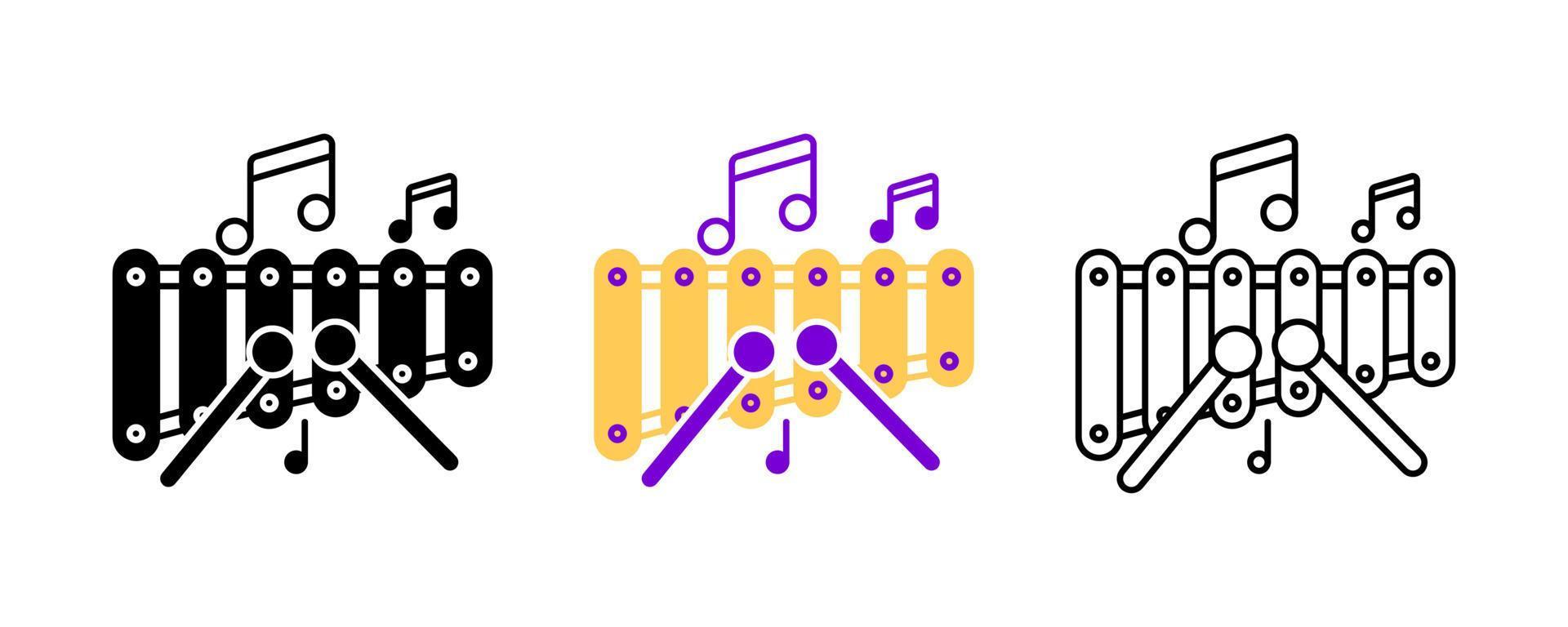 jeu d'icônes xylophone et notes de musique. icône de divertissement et de musique. ensemble d'illustrations vectorielles d'art. ensemble de lignes modifiable. silhouette, jeu d'icônes colorées et linéaires. vecteur