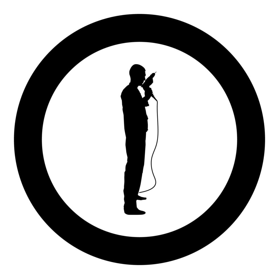 maître réparateur homme en salopette avec outil dans ses mains perceuse électrique vue avec icône latérale vecteur de couleur noire en cercle autour de l'image de style plat illustration