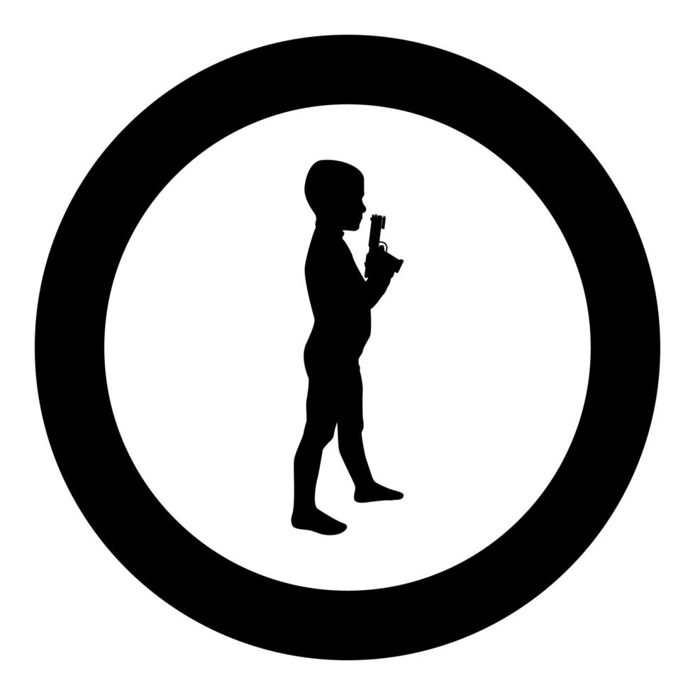 garçon détient jouet pistolet enfant jouant avec pistolet jeu enfance tir arme concept préscolaire mignon petit mâle jouant criminel silhouette en cercle rond noir couleur illustration vectorielle contour solide vecteur