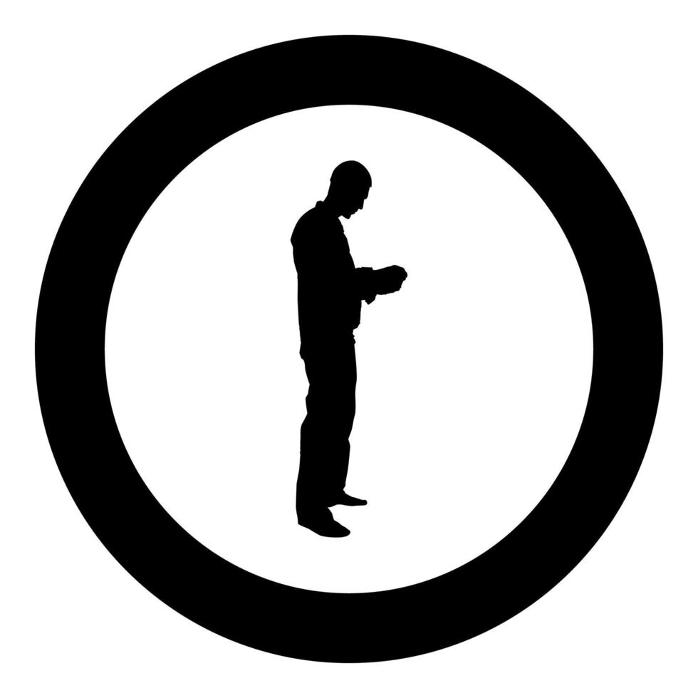 maître réparateur homme en salopette avec outil dans ses mains icône de niveau de construction vecteur de couleur noire en cercle autour de l'image de style plat illustration