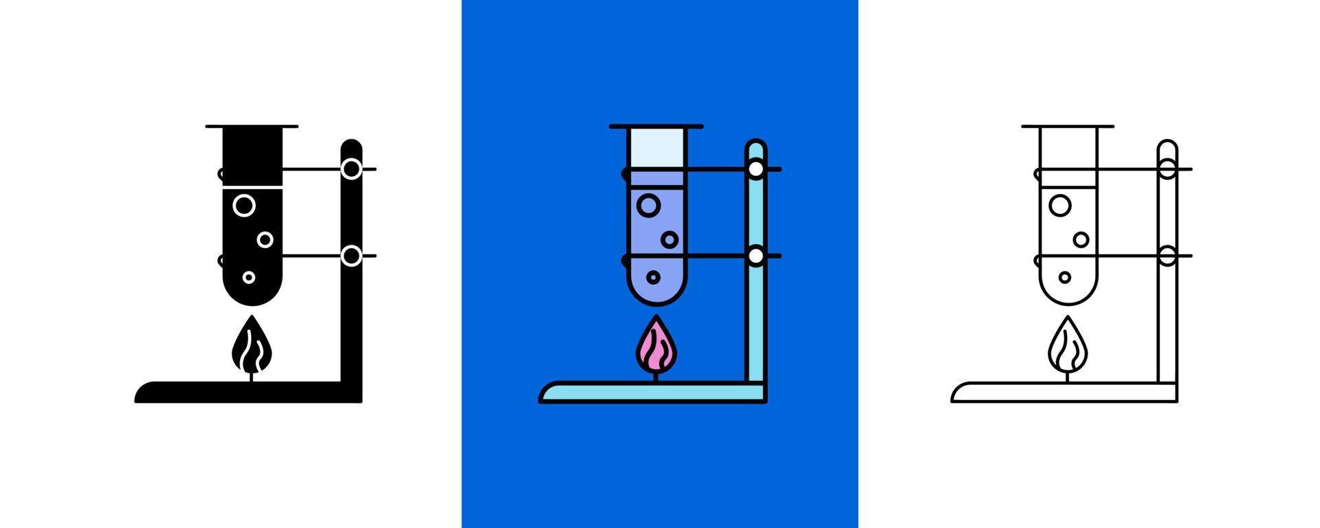 jeu d'icônes de tube à essai chimique chauffé. silhouette, jeu d'icônes colorées et linéaires. icônes de ligne de laboratoire de chimie. formule chimique, microscope et analyse médicale. ligne modifiable. vecteur