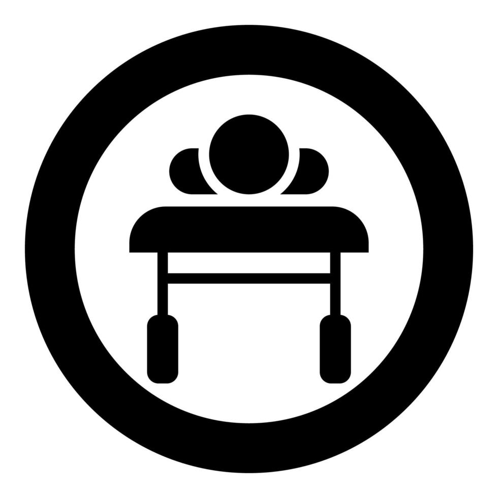 patient allongé sur un lit médical canapé vue depuis la tête malade icône de réhabilitation en cercle rond illustration vectorielle de couleur noire image de style plat vecteur