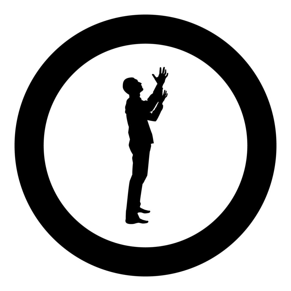 L'homme se tourne vers le ciel l'homme du bras appel à Dieu prie l'icône silhouette concept illustration couleur noire en cercle rond vecteur