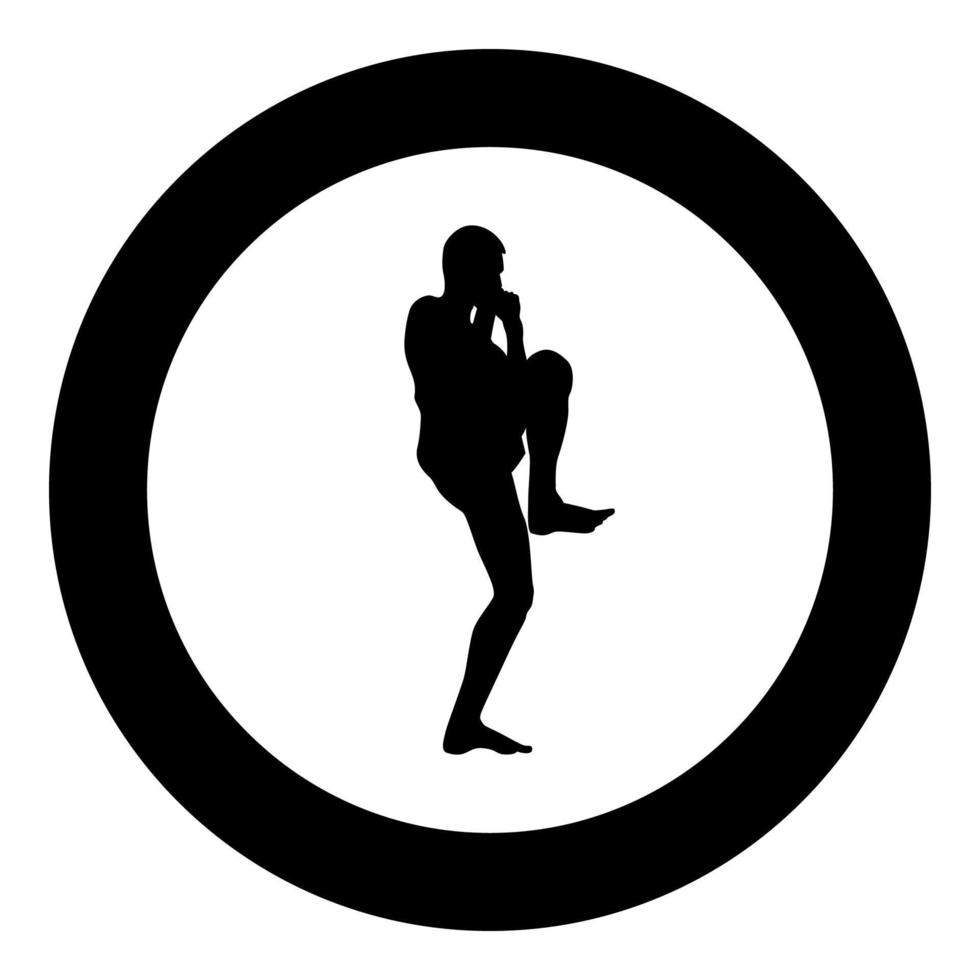 Combattant en position de combat avec jambe levée homme faisant des exercices d'action sport silhouette d'entraînement masculin icône vue latérale colorin noir rond cercle vecteur