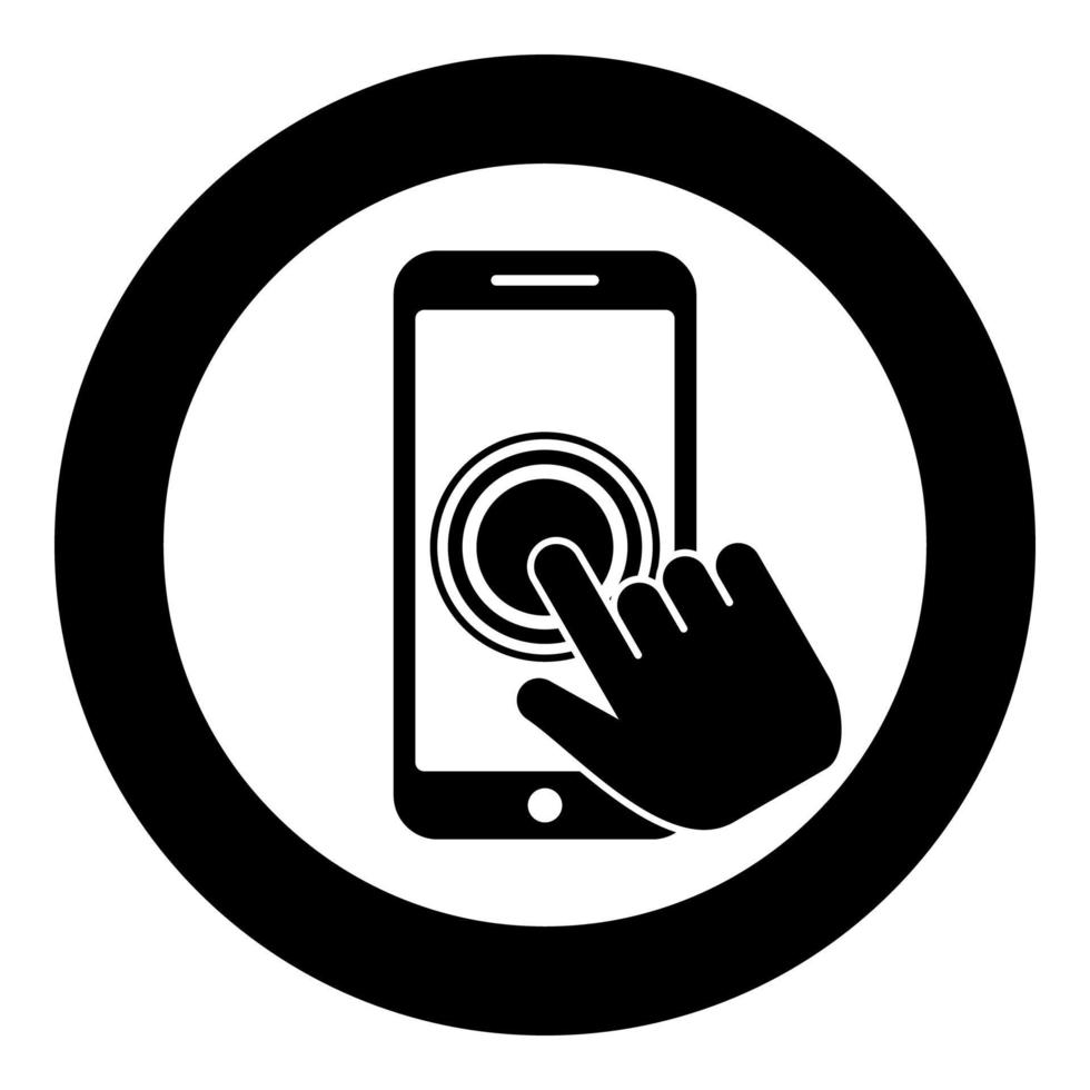 cliquez sur le smartphone à écran tactile smartphone moderne avec la main en cliquant sur le doigt de l'écran cliquez sur l'action du téléphone mobile dans les applications téléphone portable à l'aide de l'icône du téléphone en cercle rond vecteur de couleur noire