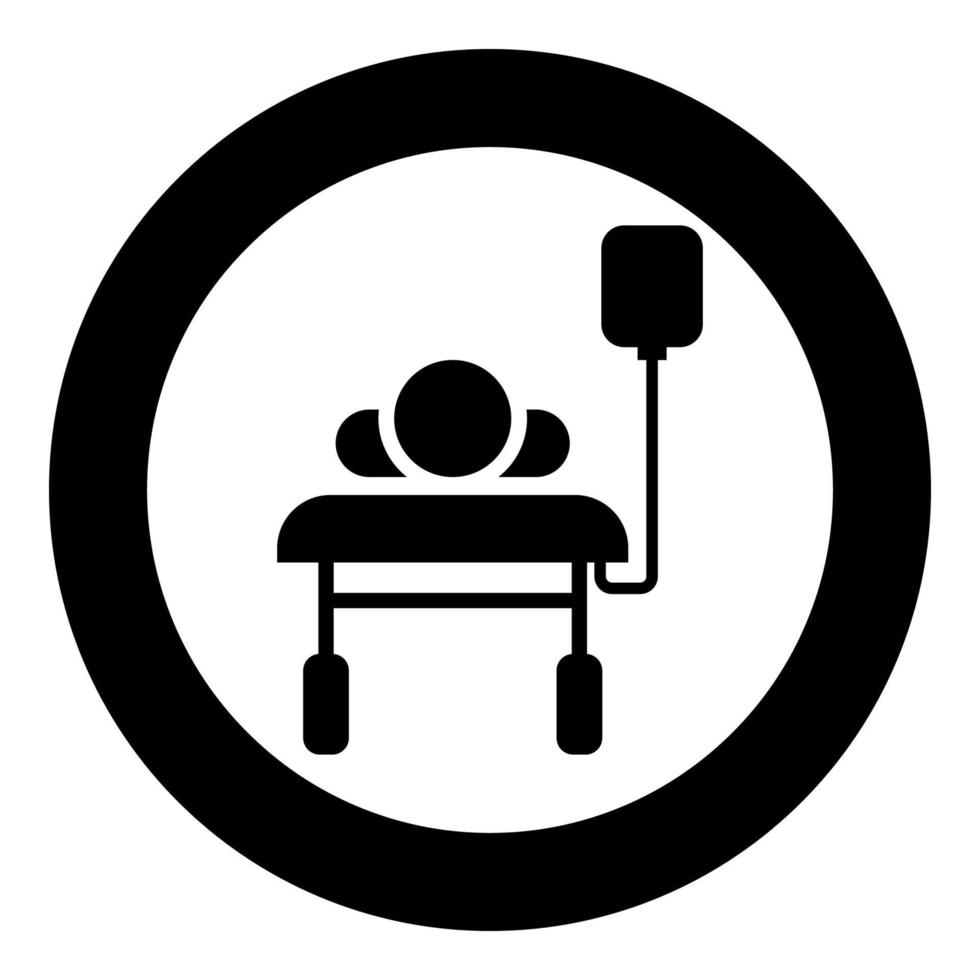patient allongé sur un lit médical canapé avec compte-gouttes homme avec flacon goutte concept de thérapie d'urgence injection icône de soins intensifs de réanimation en cercle rond illustration vectorielle de couleur noire plate vecteur