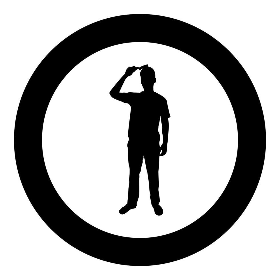 l'homme se peigne les cheveux utiliser une brosse à cheveux vue de face silhouette en cercle rond illustration vectorielle de couleur noire image de style de contour solide vecteur