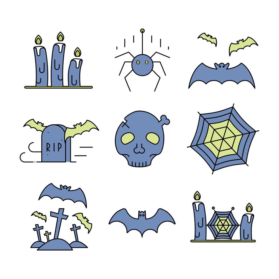 ensemble adapté au concept d'halloween. chauve-souris, bougie, cimetière du crâne, araignée et plus d'icônes. jeu d'icônes linéaires colorées. vecteur