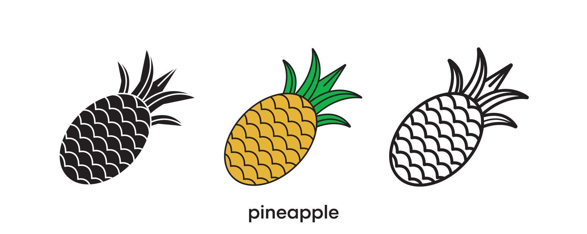 conception d'icône d'ananas. icône d'ananas en silhouette, colorée et linéaire. illustration vectorielle de ligne d'icône d'ananas isolée sur un fond propre pour la conception du logo de votre application mobile Web. vecteur