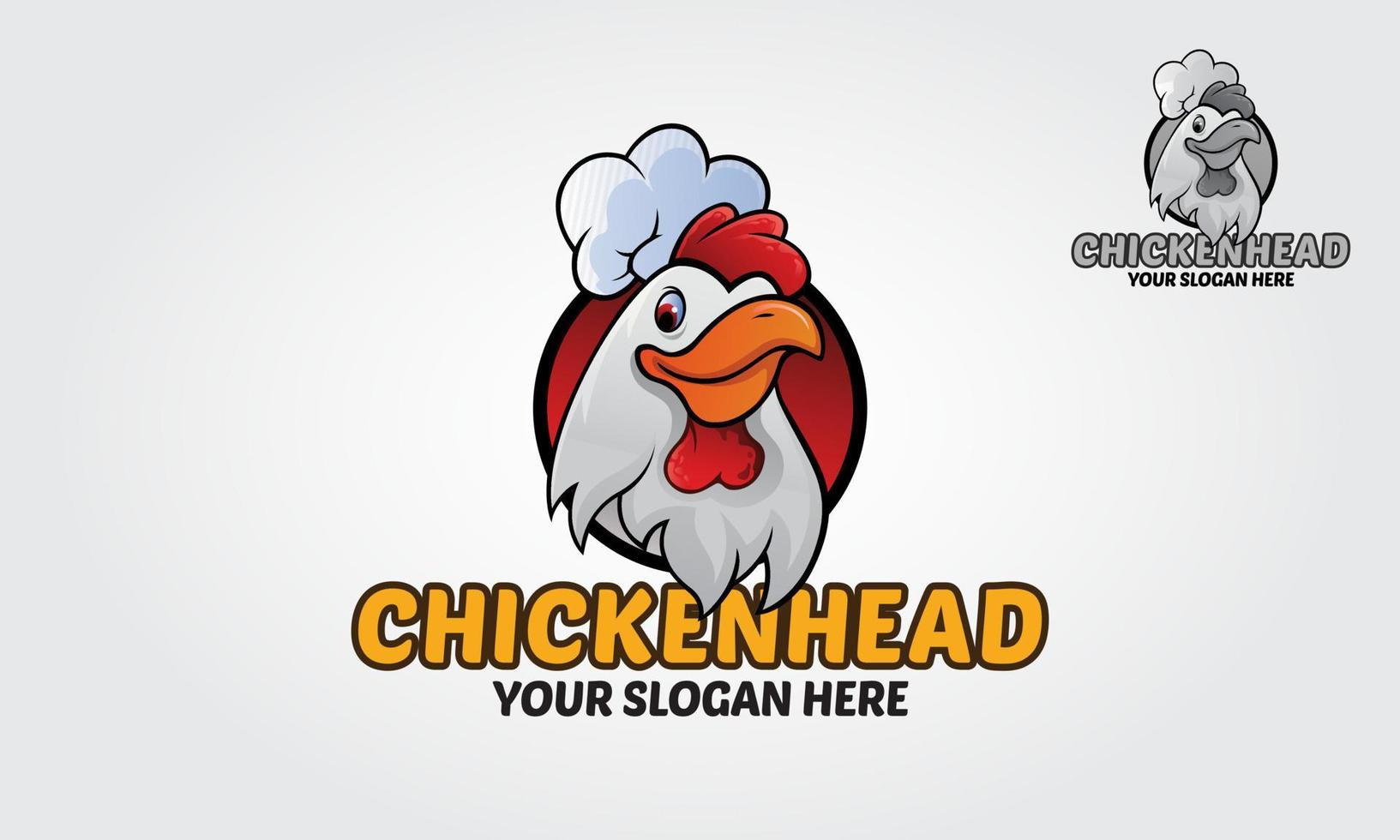 personnage de dessin animé de logo de tête de poulet. une mascotte de poulet de bande dessinée portant un chapeau de chef vecteur