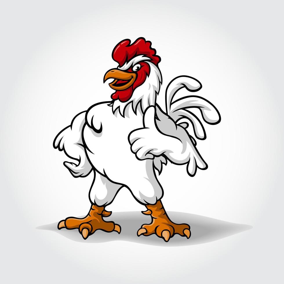 personnage de dessin animé de vecteur de poulet souriant et abandonnant le pouce vers le haut. illustration de mascotte de super coq de dessin animé drôle.