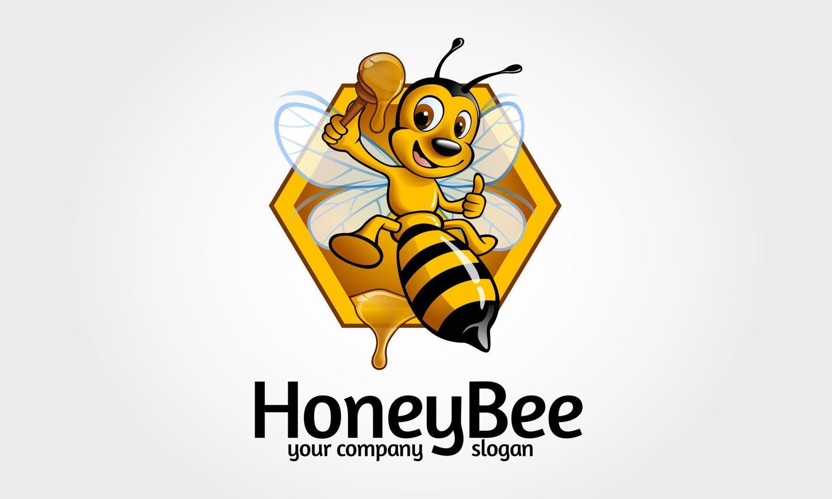 personnage de dessin animé de logo d'abeille de miel. abeille de dessin animé heureux de vecteur volant avec un délicieux miel. illustration de logo vectoriel.