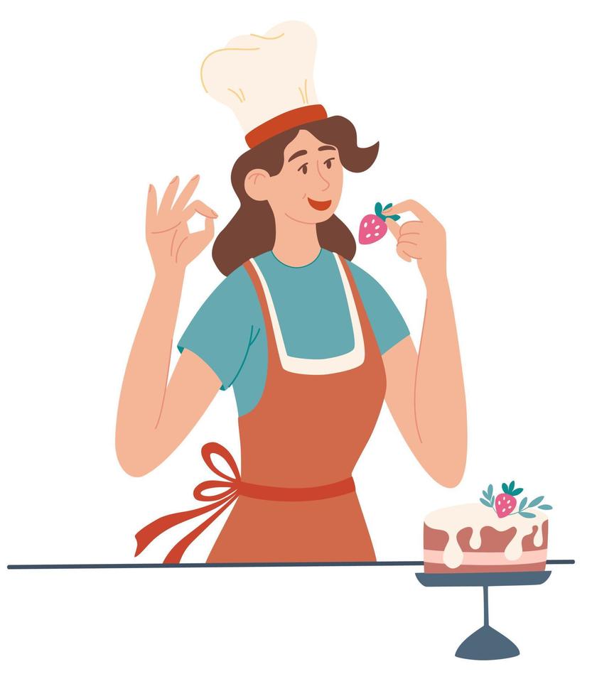 fille cuisinière. femme cuisinière, boulangère et pâtissière. belle fille cuisine un délicieux gâteau aux fraises. parfait pour l'impression, les menus, les restaurants et les applications. illustration de dessin animé de vecteur