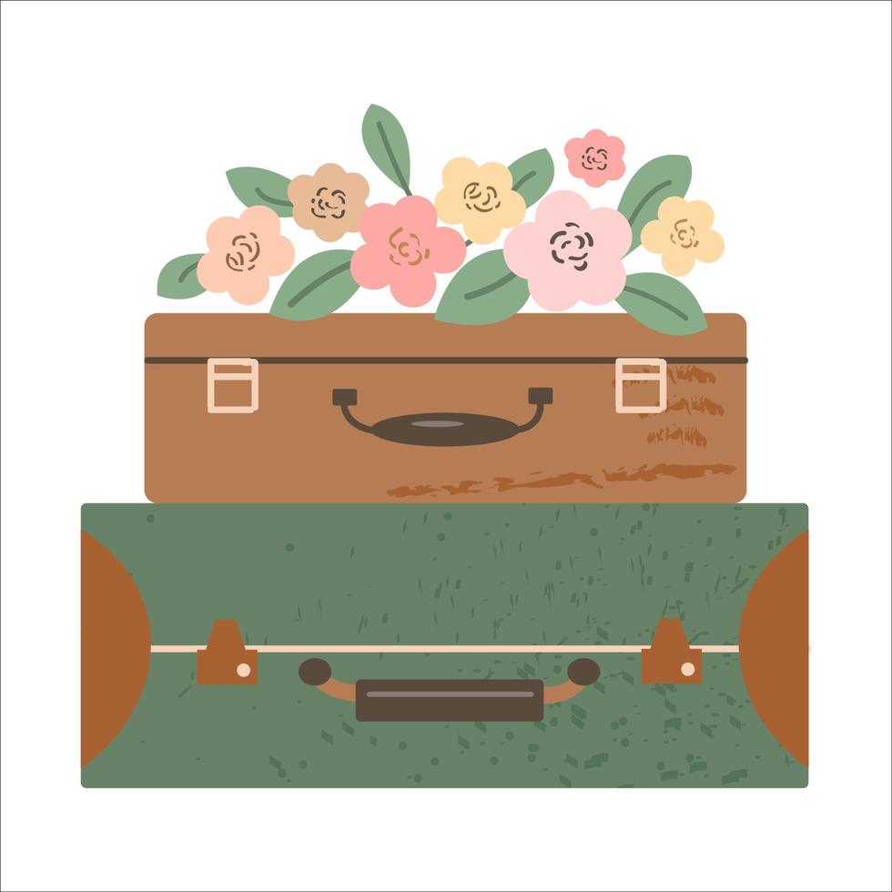 valise vintage à décor de fleurs d'été. belle illustration de vecteur plat moderne isolé sur fond blanc