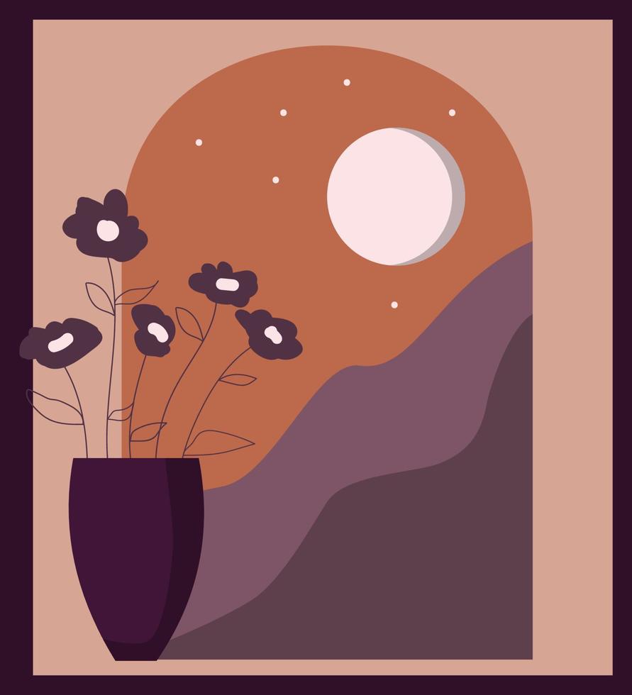 arc bohème avec vase et fleurs, montagnes et nuit de lune vecteur