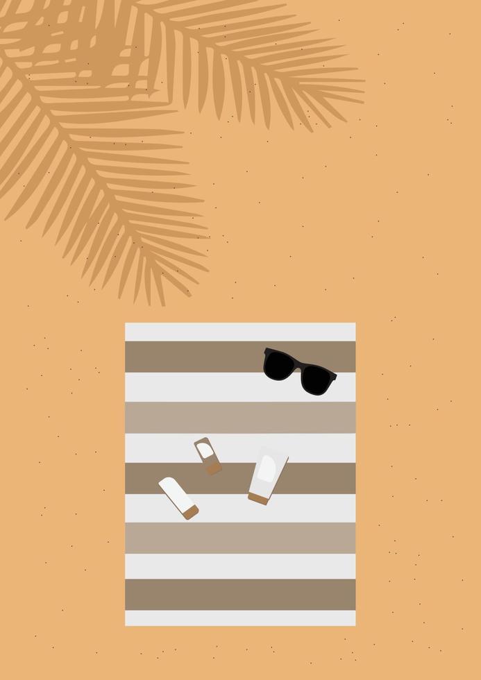 une vue aérienne de la plage pendant le concept de vacances d'été. serviette de plage et crème solaire et sprays et lunettes de soleil dessus. l'ombre d'un palmier. vecteur