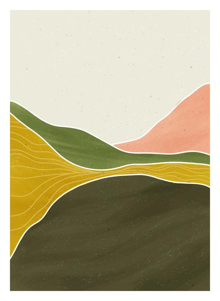 fond abstrait de paysage de montagne. illustrations minimalistes créatives peintes à la main de l'impression d'art moderne du milieu du siècle. forêt, colline et lune sur le plateau vecteur