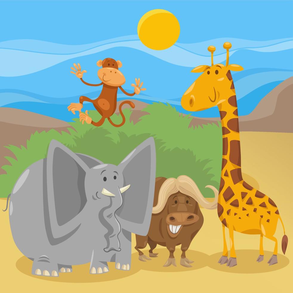 dessin animé heureux groupe de personnages animaux sauvages vecteur