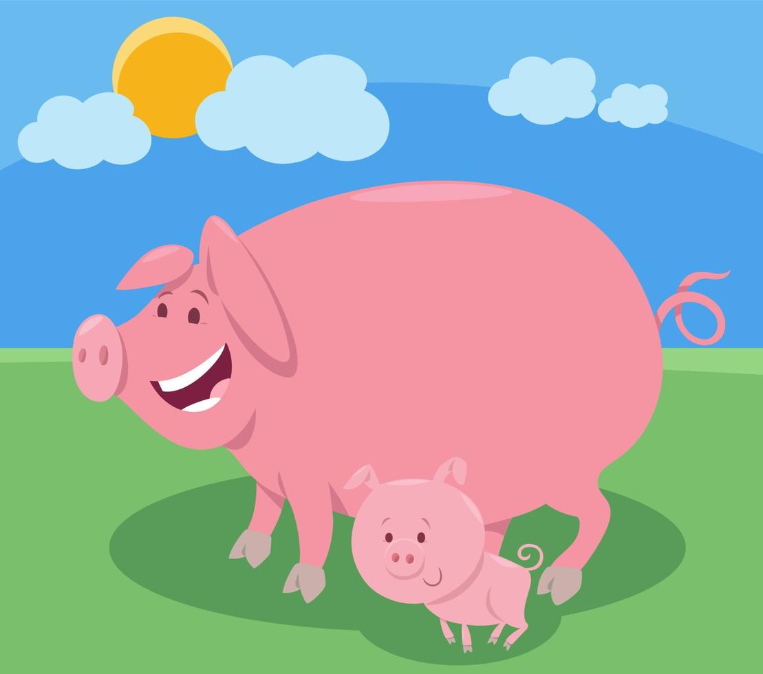 personnage d'animal de ferme cochon dessin animé avec petit porcelet vecteur