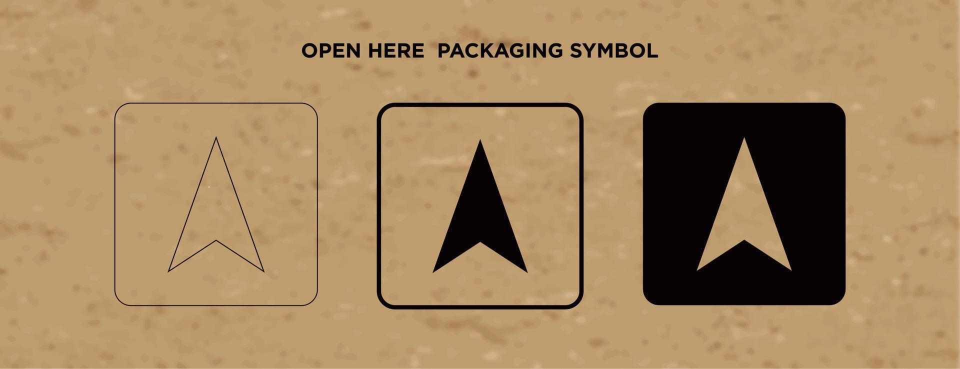 ouvrez ici le symbole d'emballage vectoriel sur fond de carton vectoriel. marque de manipulation sur fond de papier kraft