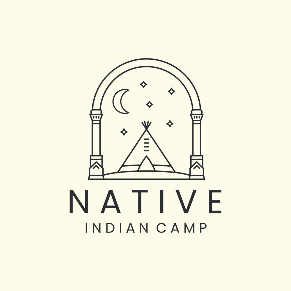 camp indien avec conception de modèle d'icône de logo de style insigne et art en ligne. tipis, indigène, amérique, lune, étoile, illustration vectorielle vecteur