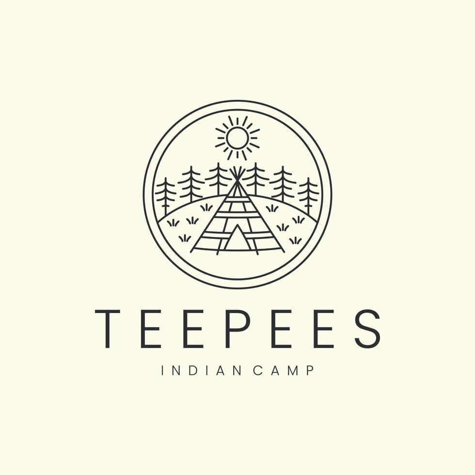 tipi avec badge et création de modèle d'icône de logo de style art en ligne. indien, camp, natif, amérique, soleil, arbre, illustration vectorielle vecteur