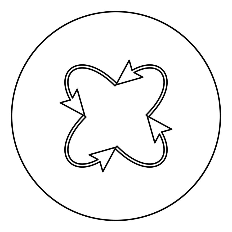 quatre flèches en boucle dans et à partir du centre icône noire contour dans l'image du cercle vecteur