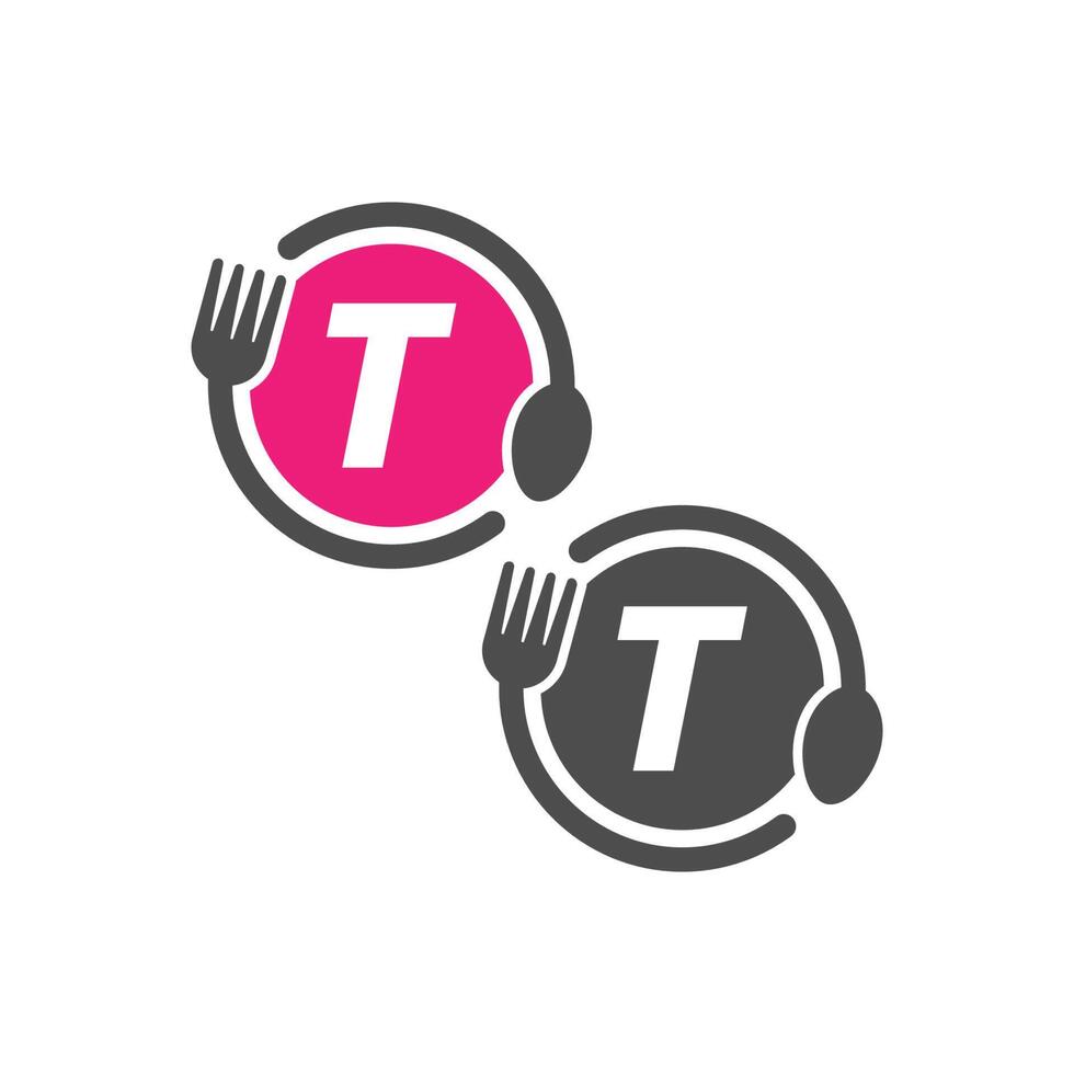 icône de fourchette et cuillère encerclant la création de logo lettre t vecteur