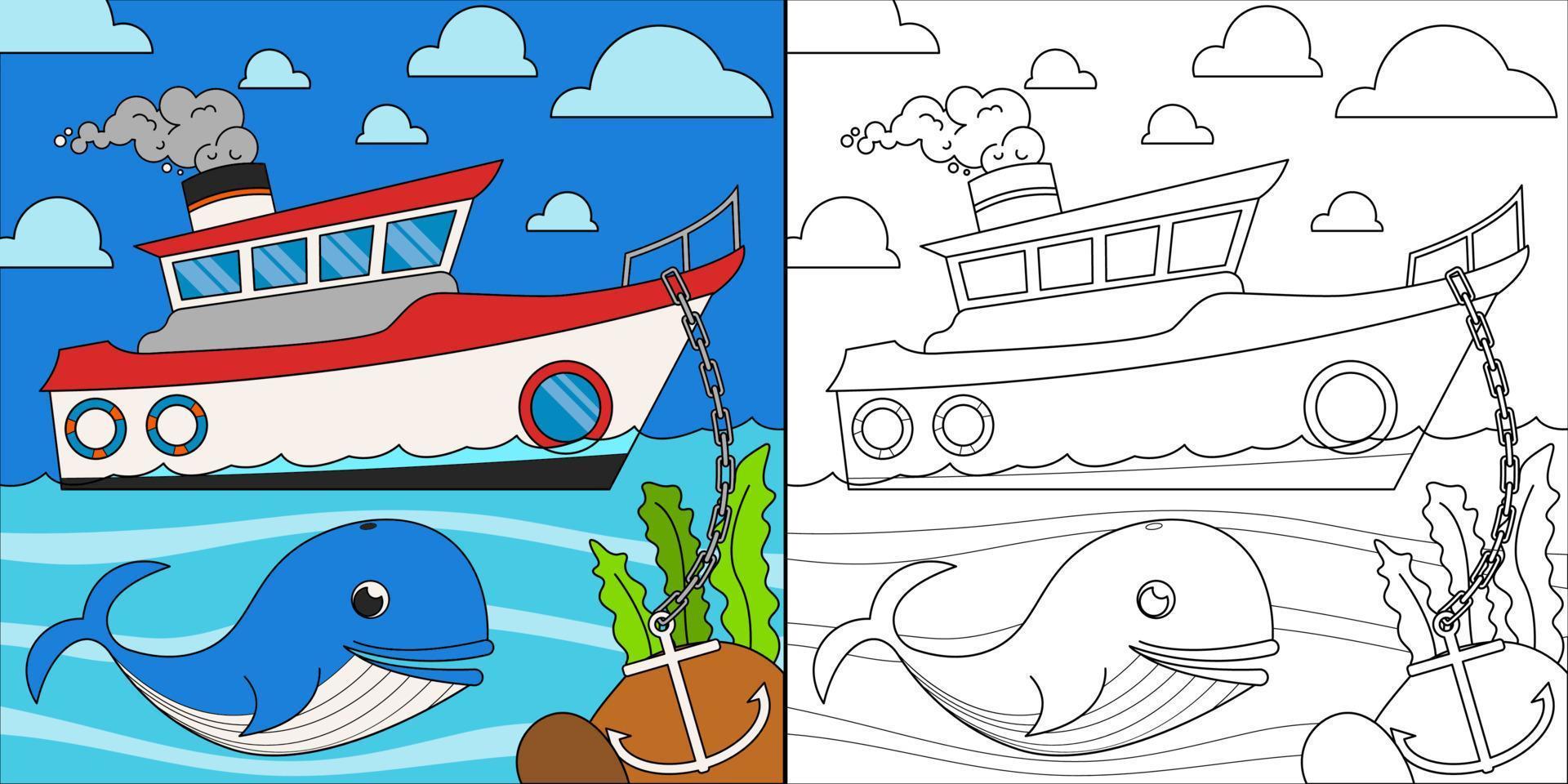 bateaux et baleines dans la mer adaptés à l'illustration vectorielle de la page de coloriage pour enfants vecteur