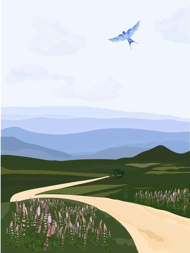 prairie sur une illustration de stock de vecteur journée ensoleillée. papier peint vertical nature. champ vert, colline, route, vue sur le ciel forestier, nuages, oiseaux, montagnes, brouillard. isolé sur fond blanc.