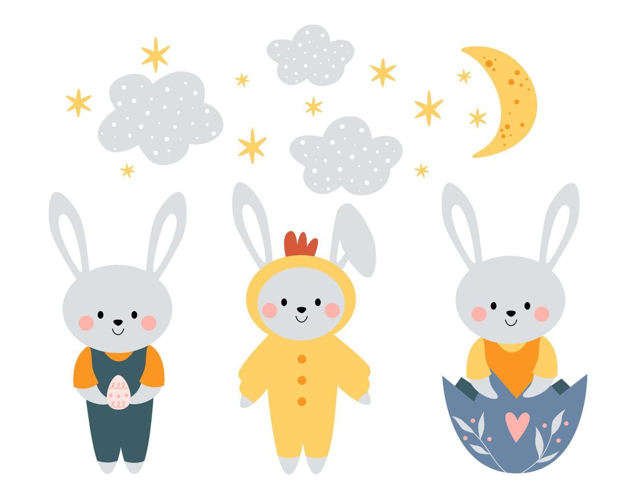 lapins mignons kawaii, lapins. un lapin dans un costume de poulet. un lapin dans une coquille d'oeuf. joyeuses Pâques. clipart pour cartes postales, impressions, bannières, modèles, médias sociaux, web. illustration de dessin animé de vecteur. vecteur