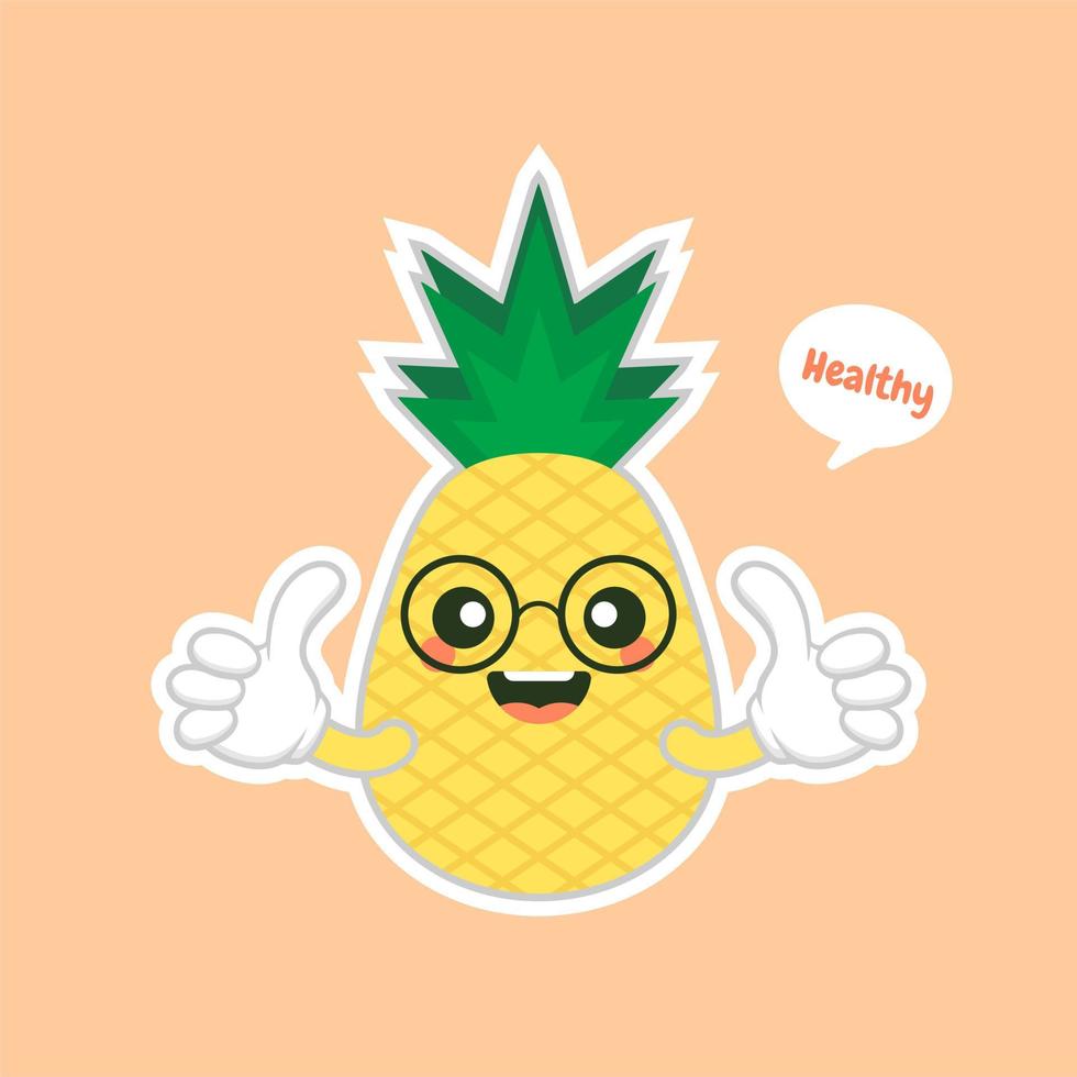 personnages d'ananas mignons et kawaii, mascottes personnages mignons d'ananas pour l'été. jus d'ananas, fruits tropicaux, station balnéaire. notion de vacances. pour des sujets comme les fruits, l'été, les voyages vecteur