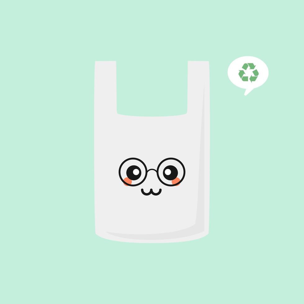 autocollants de vecteur de personnage de dessin animé de sac en plastique. autocollant écologique avec emballage en plastique. déchets plastiques interdits. bonne valorisation des déchets non biodégradables. icône de l'environnement. le développement durable