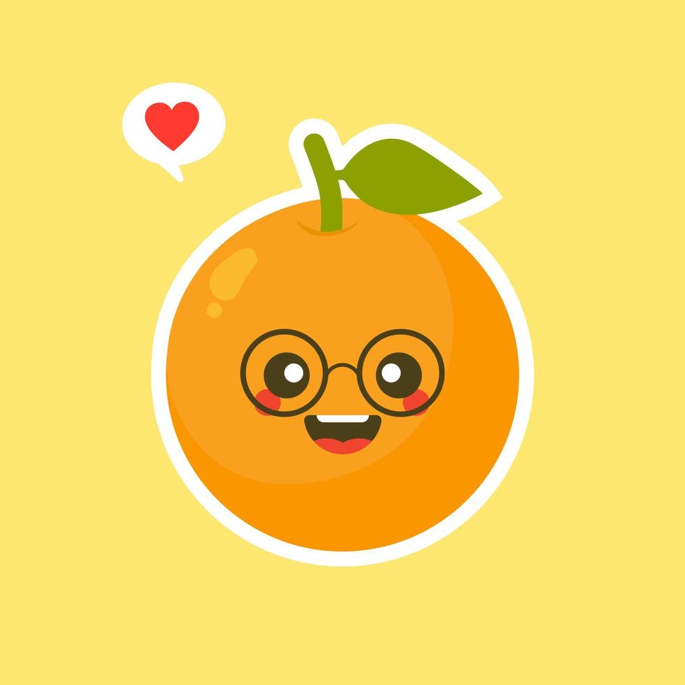 personnage de dessin animé de fruits orange mignon et kawaii isolé sur le vecteur de fond de couleur. icône de visage d'émoticône orange positif et amical drôle. nourriture de visage de dessin animé sourire heureux, mascotte de fruits comique