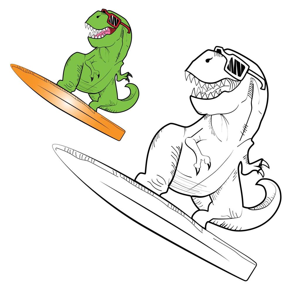 drôle t rex surfeur croquis main dessin illustration. pour la conception et l'impression de livres à colorier pour enfants vecteur