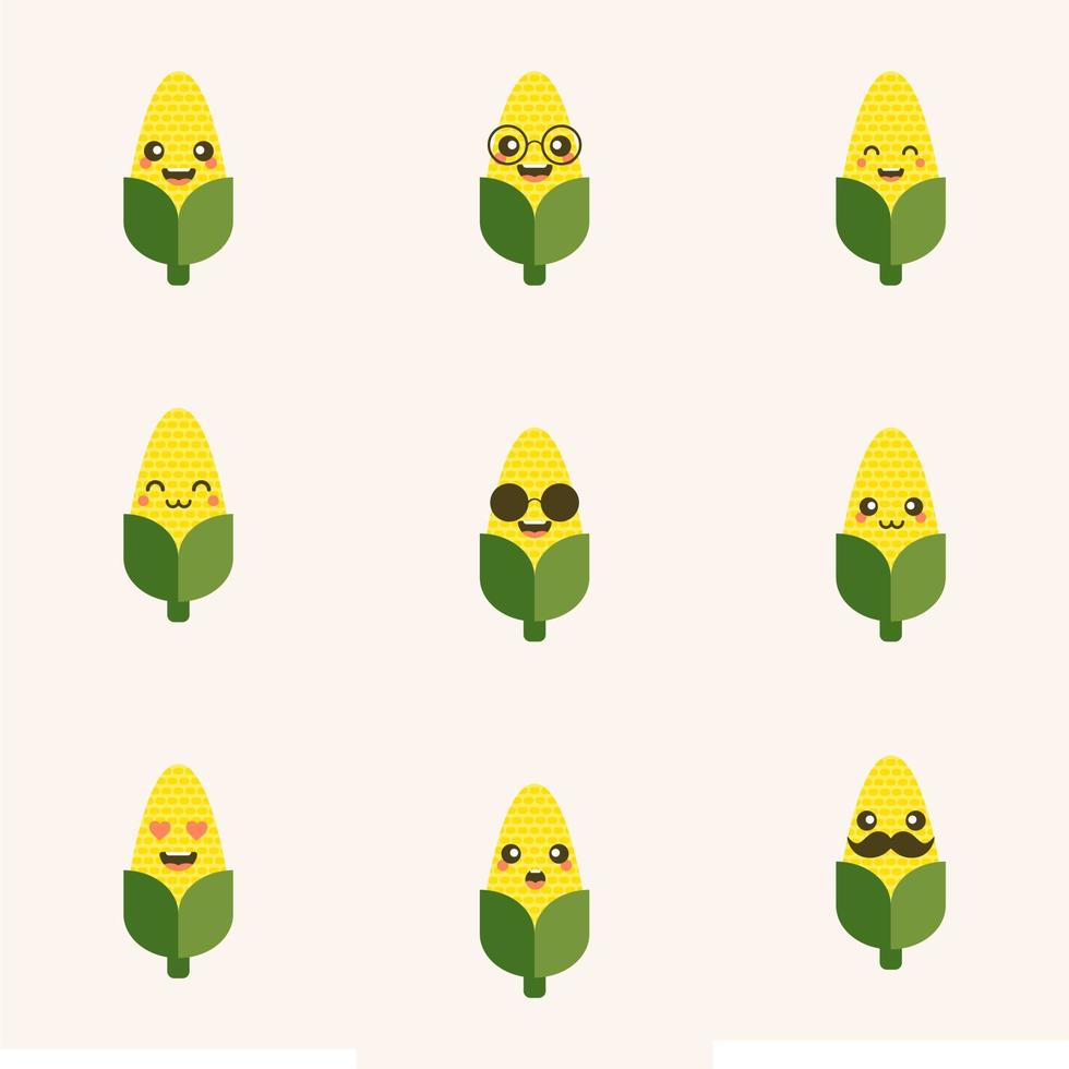 illustration vectorielle de dessin plat de caractère de maïs. maïs drôle mignon dans le style de dessin animé kawai. vecteur isoler sur fond de couleur
