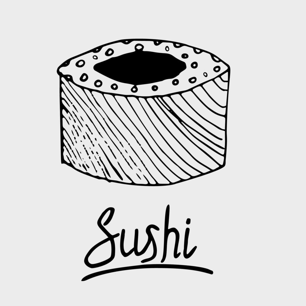 sushi maki, cuisine japonaise. rouleau, dessiné à la main sur fond blanc vecteur