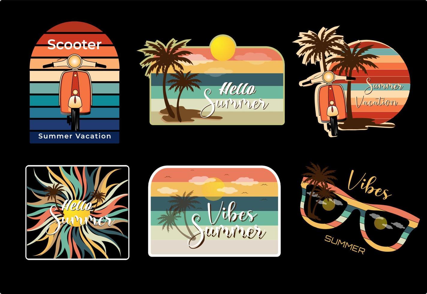 ensemble de design rétro d'été avec illustration de soleil, cocotier et scooter vecteur