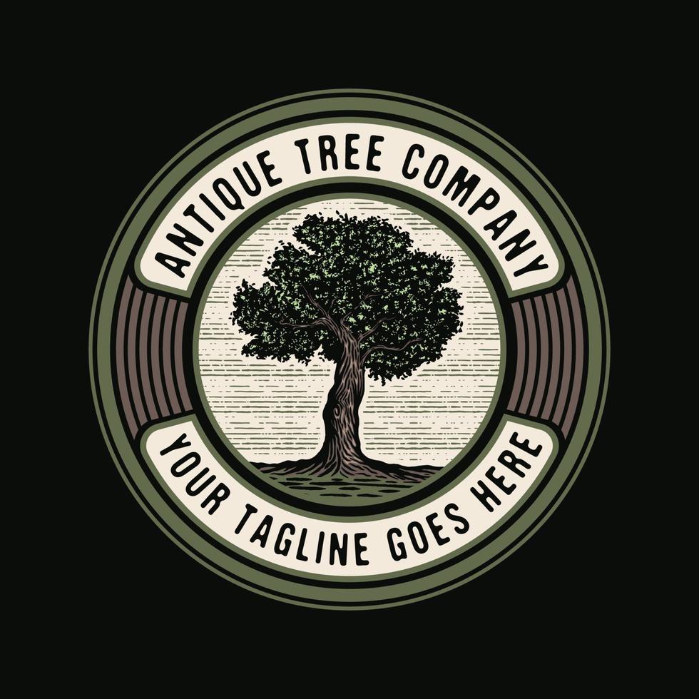logo d'insigne d'arbre fort en vieux chêne vintage vecteur