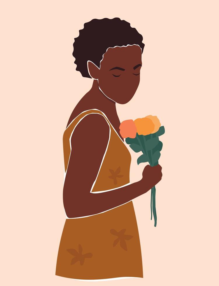 la figure d'une belle jeune femme africaine abstraite avec un bouquet de fleurs à la main. graphiques vectoriels. vecteur
