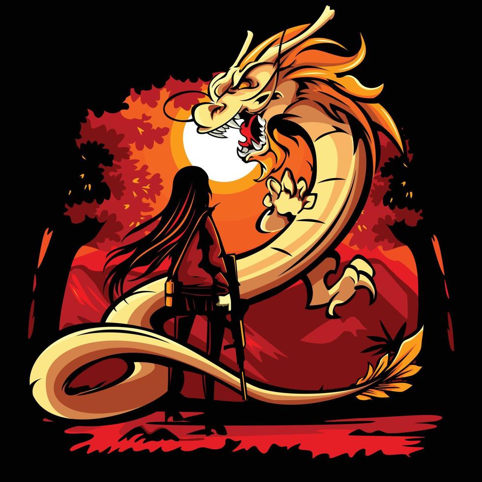 illustration vectorielle de femme armée face à un dragon vecteur