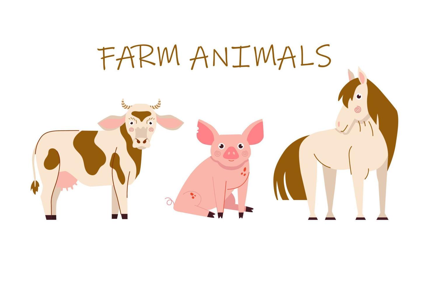 illustrations vectorielles vache, cochon et cheval. ensemble d'animaux de ferme de dessin animé isolé sur fond blanc. vecteur