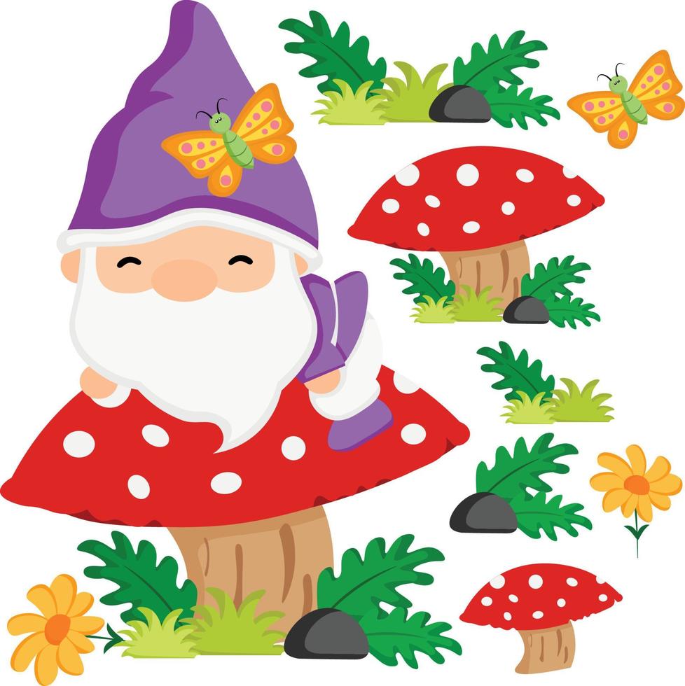 mignon gnome de la nature avec des feuilles et des fleurs vecteur