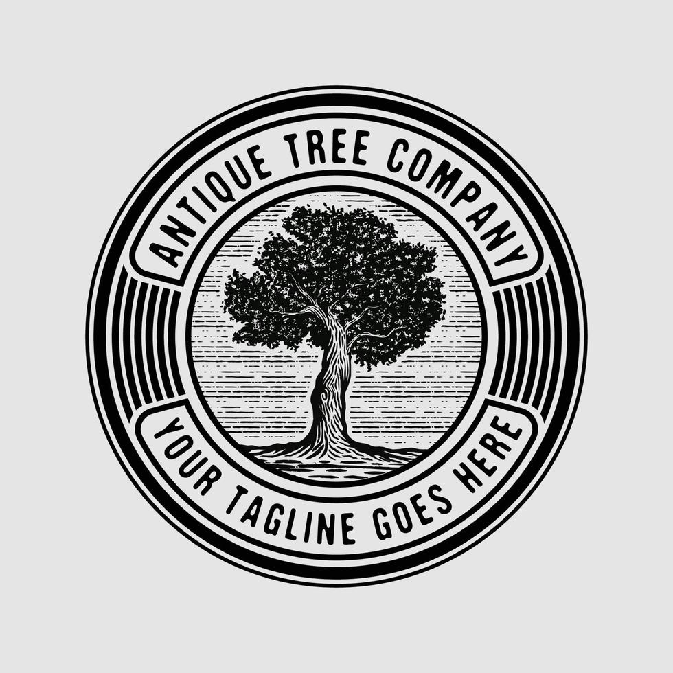 logo d'insigne d'arbre fort en vieux chêne vintage vecteur