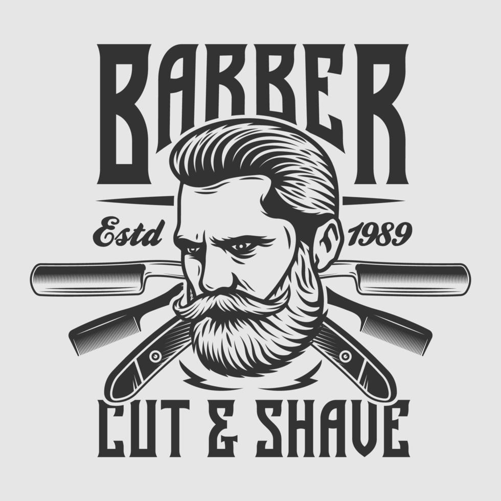 Emblème de salon de coiffure avec visage d'homme et lames de rasoir vecteur