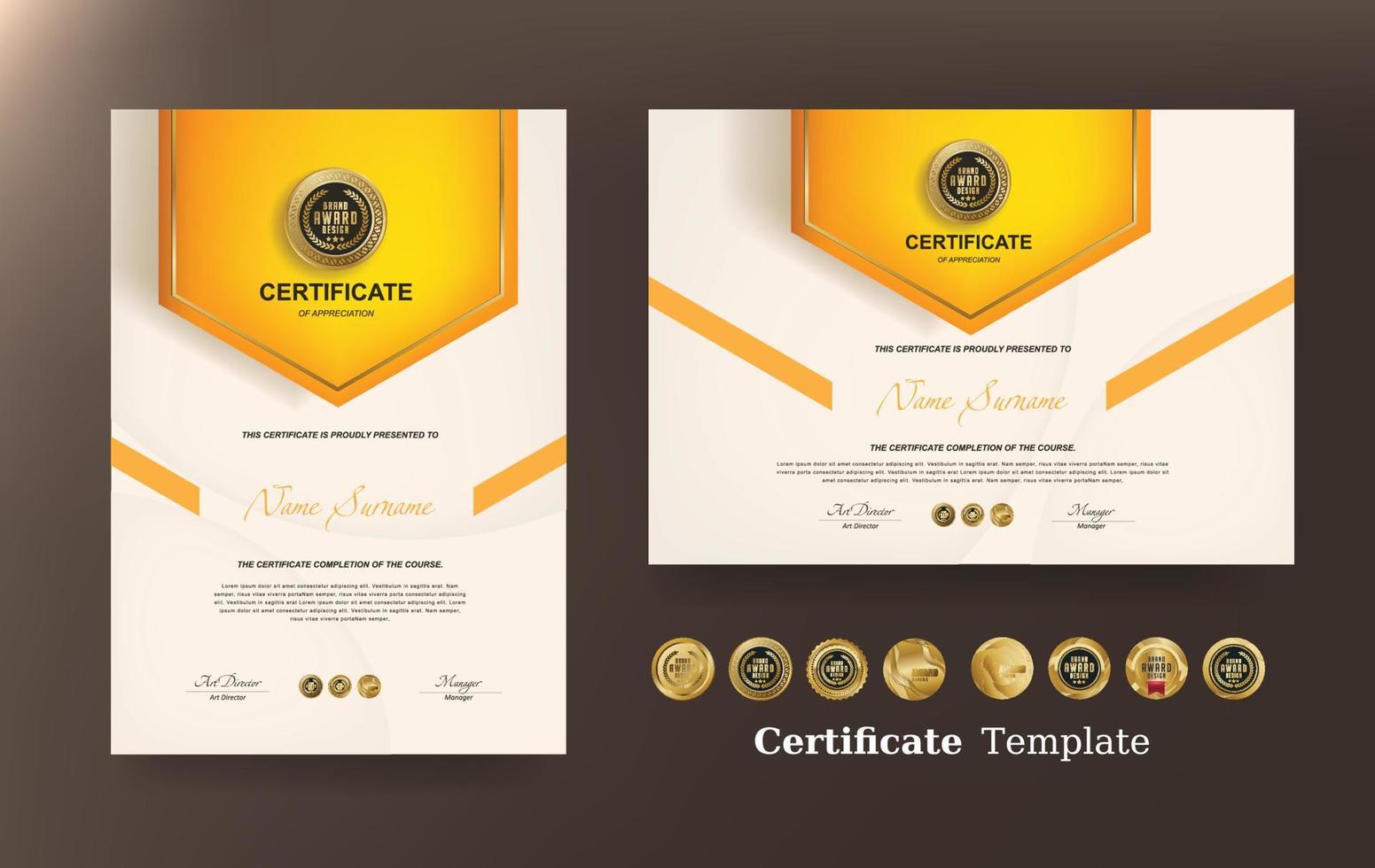 modèle de certificat d'appréciation et badges premium de luxe doré vectoriel