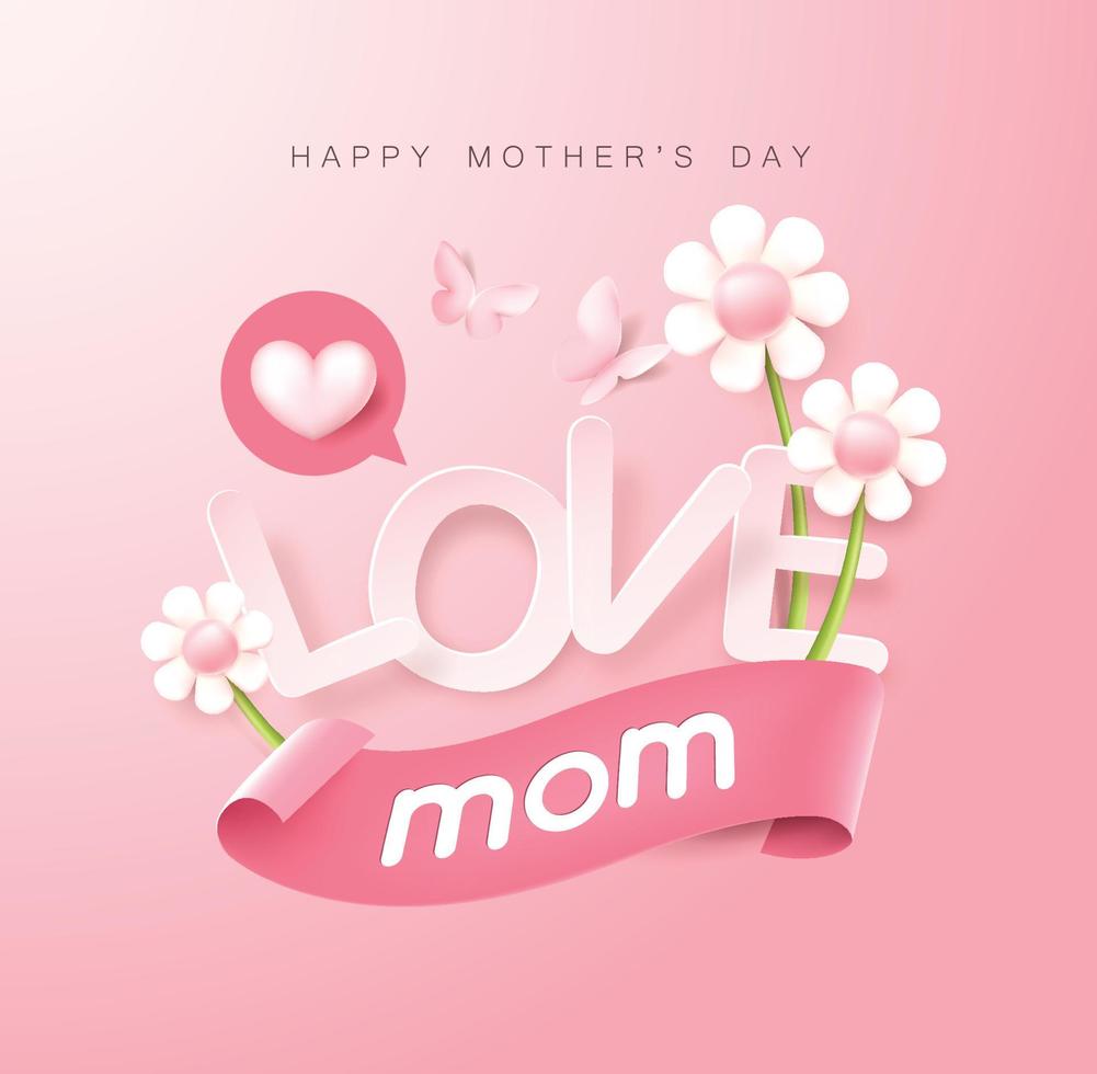mise en page de fond de bannière affiche fête des mères avec des ballons et des fleurs en forme de coeur vecteur
