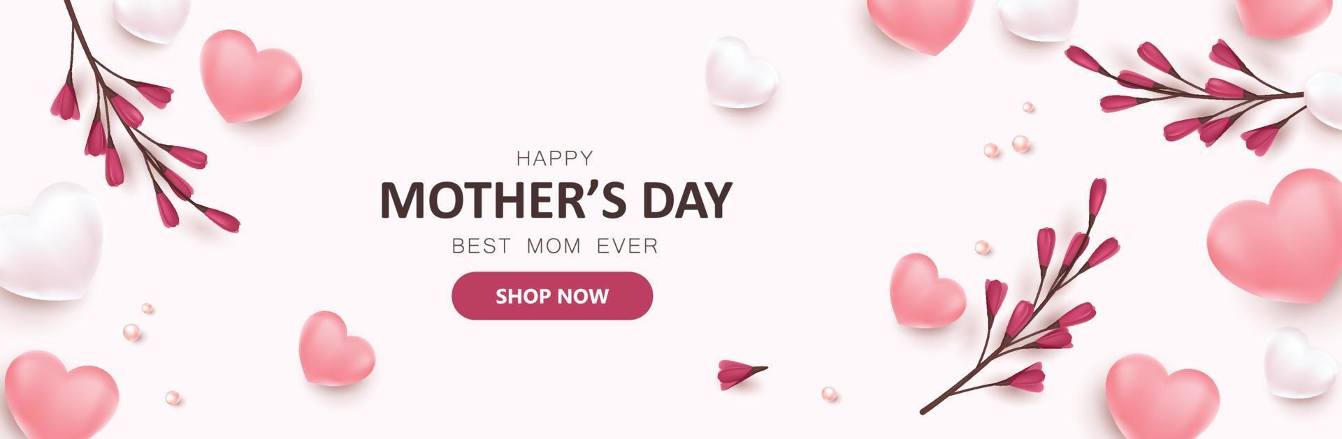 mise en page de fond de bannière de vente de promotion de la fête des mères avec des ballons et des fleurs en forme de coeur vecteur